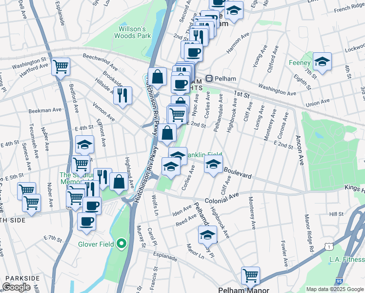 map of restaurants, bars, coffee shops, grocery stores, and more near 23 Boulevard in Village of Pelham