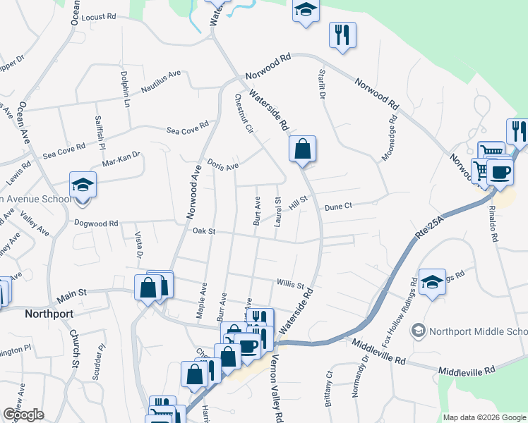 map of restaurants, bars, coffee shops, grocery stores, and more near 90 Burt Avenue in Northport