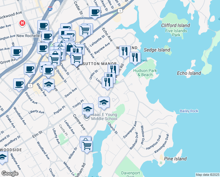 map of restaurants, bars, coffee shops, grocery stores, and more near 123 65 in New Rochelle