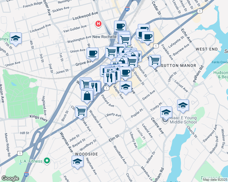 map of restaurants, bars, coffee shops, grocery stores, and more near 34 Marvin Place in New Rochelle