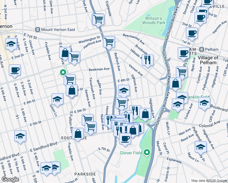 map of restaurants, bars, coffee shops, grocery stores, and more near 40 Elliot Street in Mount Vernon