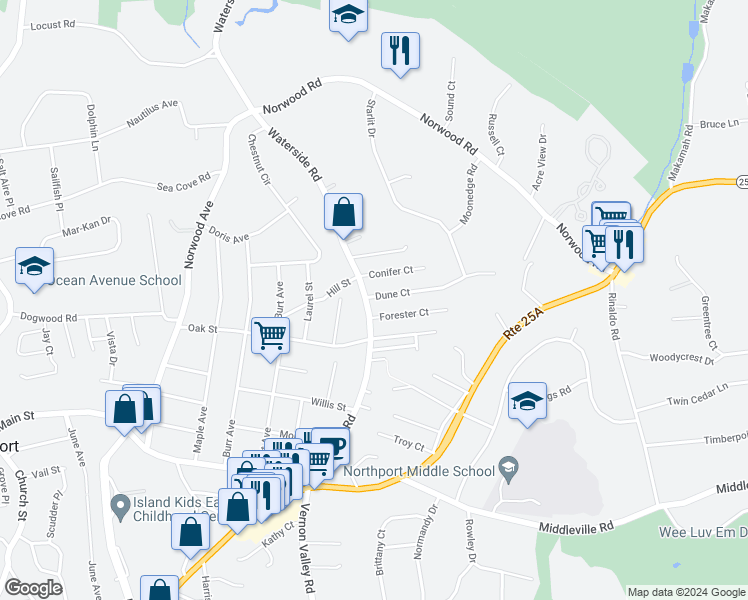 map of restaurants, bars, coffee shops, grocery stores, and more near 82 Waterside Road in Northport