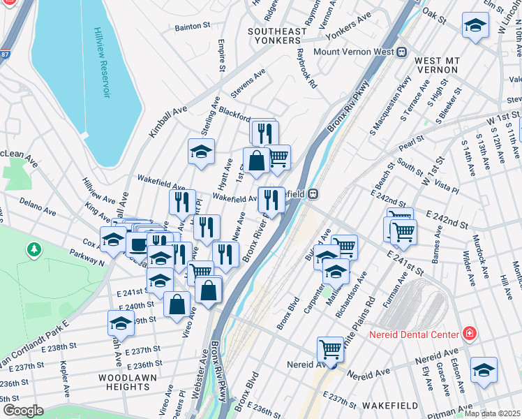 map of restaurants, bars, coffee shops, grocery stores, and more near 132 Bronx River Road in Yonkers