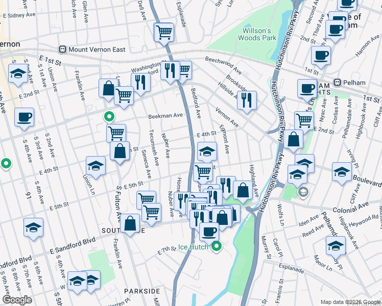 map of restaurants, bars, coffee shops, grocery stores, and more near 324 South Columbus Avenue in Mount Vernon