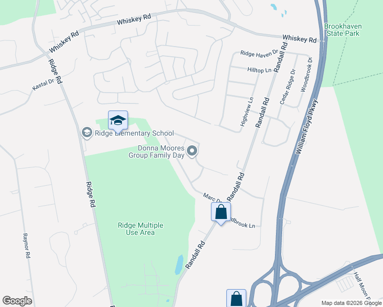 map of restaurants, bars, coffee shops, grocery stores, and more near 76 Marc Drive in Ridge