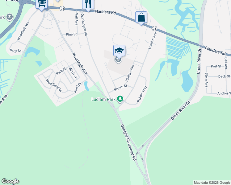 map of restaurants, bars, coffee shops, grocery stores, and more near 239 Ludlam Avenue in Riverhead