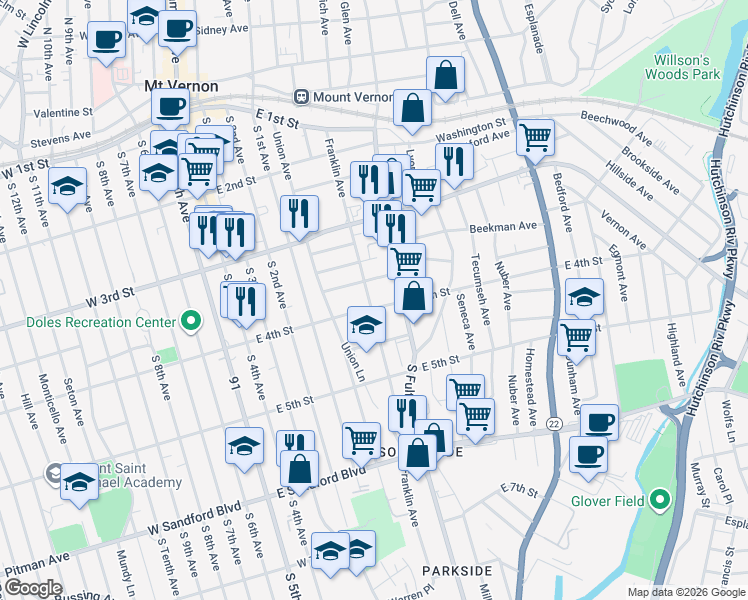 map of restaurants, bars, coffee shops, grocery stores, and more near 277 Franklin Avenue in Mount Vernon