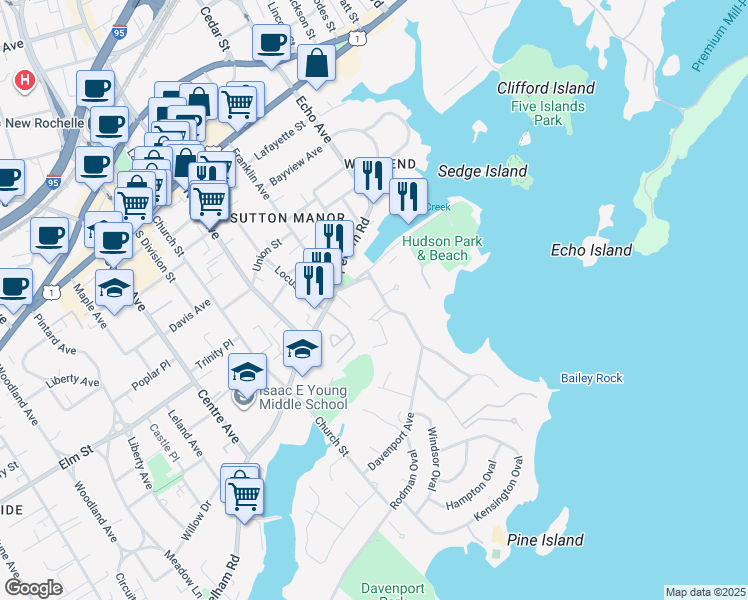 map of restaurants, bars, coffee shops, grocery stores, and more near 21 Davenport Avenue in New Rochelle