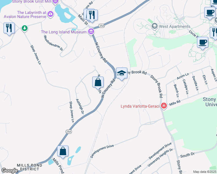 map of restaurants, bars, coffee shops, grocery stores, and more near 1266 North Country Road in Stony Brook