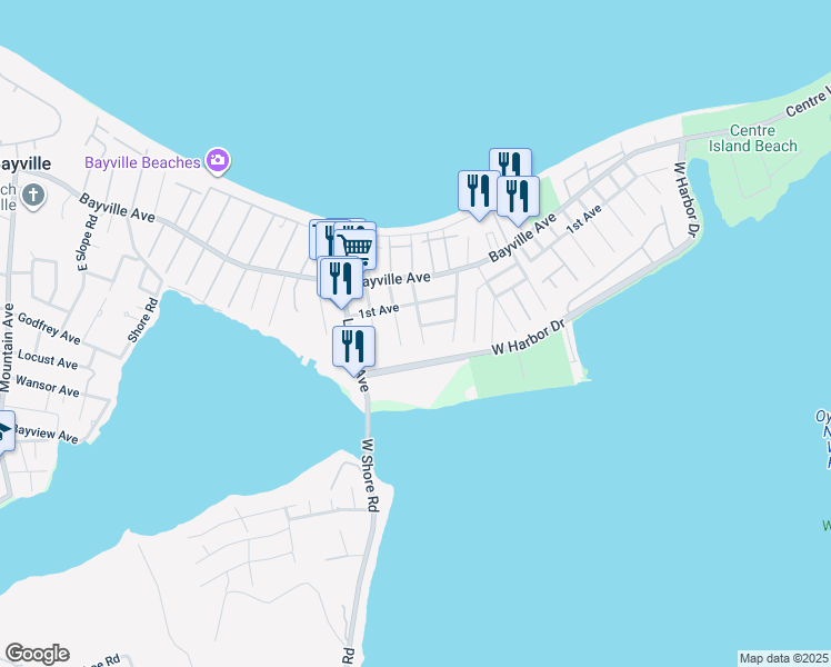 map of restaurants, bars, coffee shops, grocery stores, and more near 29 15th Street in Bayville