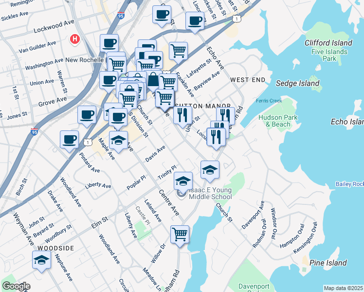 map of restaurants, bars, coffee shops, grocery stores, and more near 126 Church Street in New Rochelle