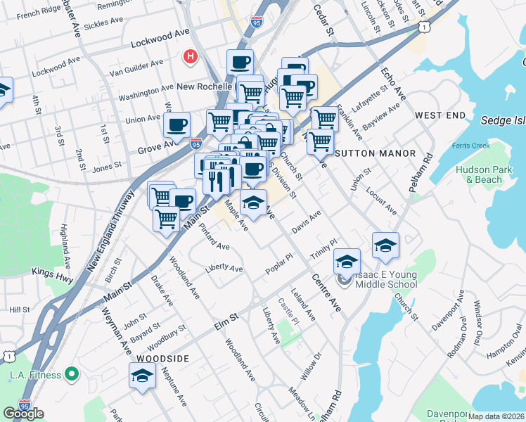 map of restaurants, bars, coffee shops, grocery stores, and more near 52 Maple Avenue in New Rochelle