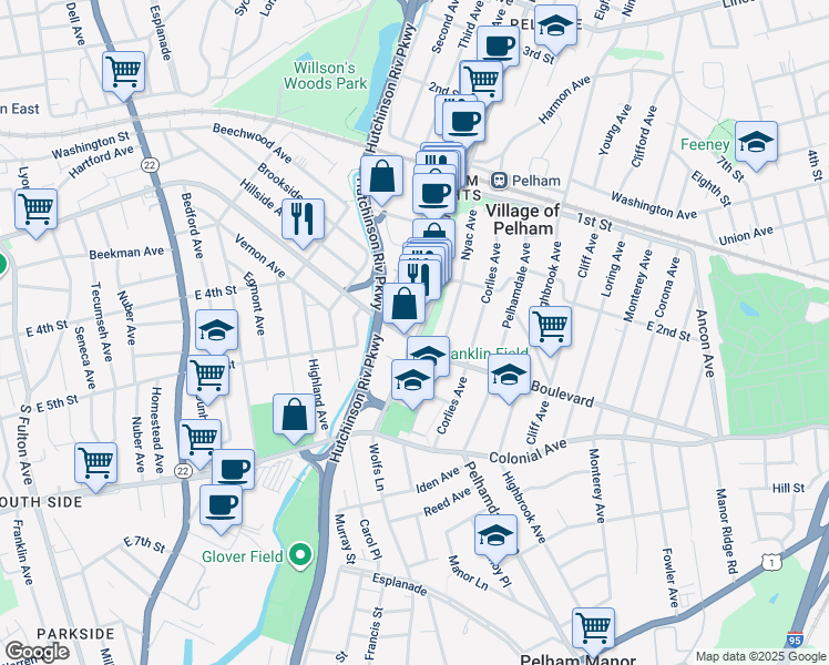map of restaurants, bars, coffee shops, grocery stores, and more near 313 Wolfs Lane in Village of Pelham