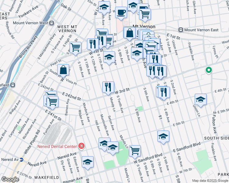 map of restaurants, bars, coffee shops, grocery stores, and more near 217 South 10th Avenue in Mount Vernon