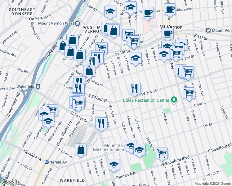 map of restaurants, bars, coffee shops, grocery stores, and more near 885 East 242nd Street in Bronx