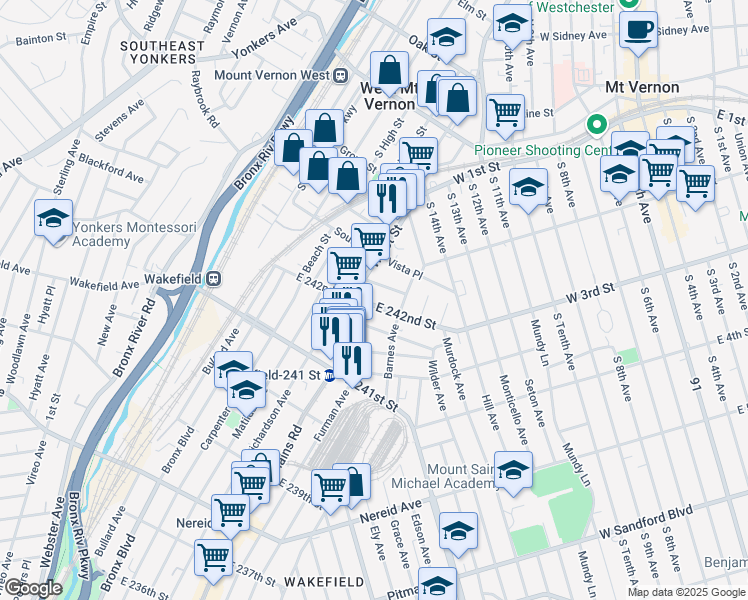 map of restaurants, bars, coffee shops, grocery stores, and more near 4781 Barnes Avenue in Bronx