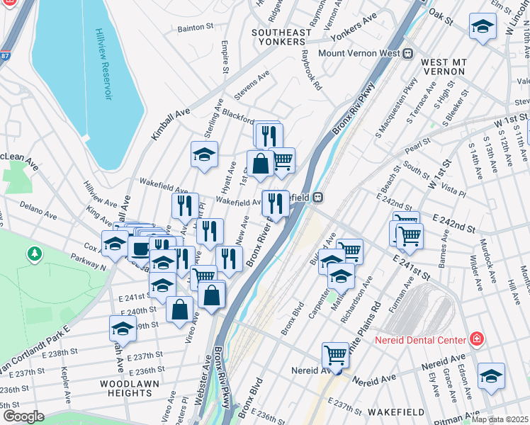 map of restaurants, bars, coffee shops, grocery stores, and more near 132 Bronx River Road in Yonkers