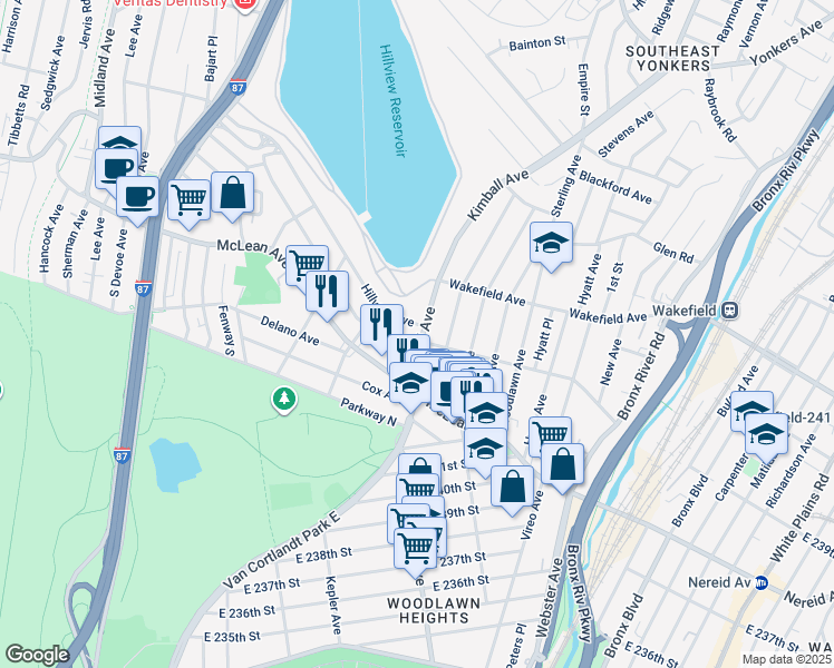 map of restaurants, bars, coffee shops, grocery stores, and more near 47 Kimball Avenue in Yonkers