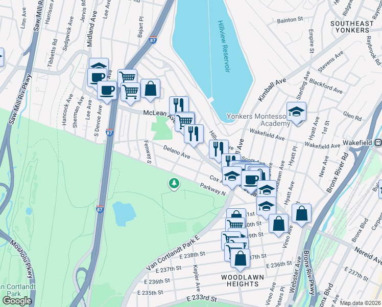 map of restaurants, bars, coffee shops, grocery stores, and more near 31 Harding Avenue in Yonkers