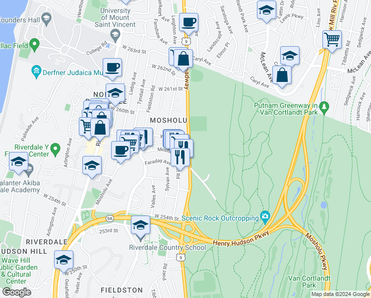 map of restaurants, bars, coffee shops, grocery stores, and more near in Bronx