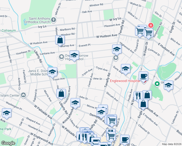 map of restaurants, bars, coffee shops, grocery stores, and more near 186 Jane Street in Englewood
