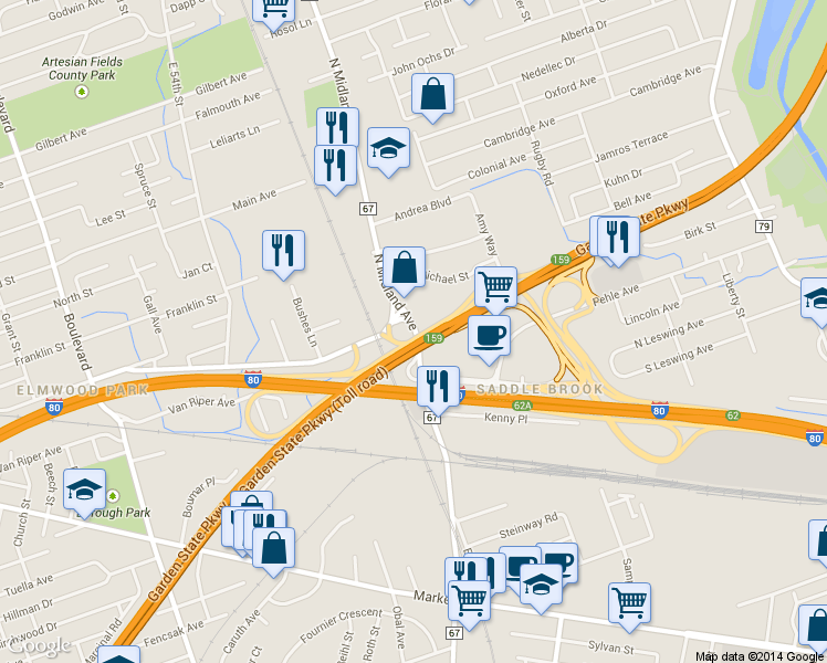 map of restaurants, bars, coffee shops, grocery stores, and more near 540 Saddle River Road in Saddle Brook