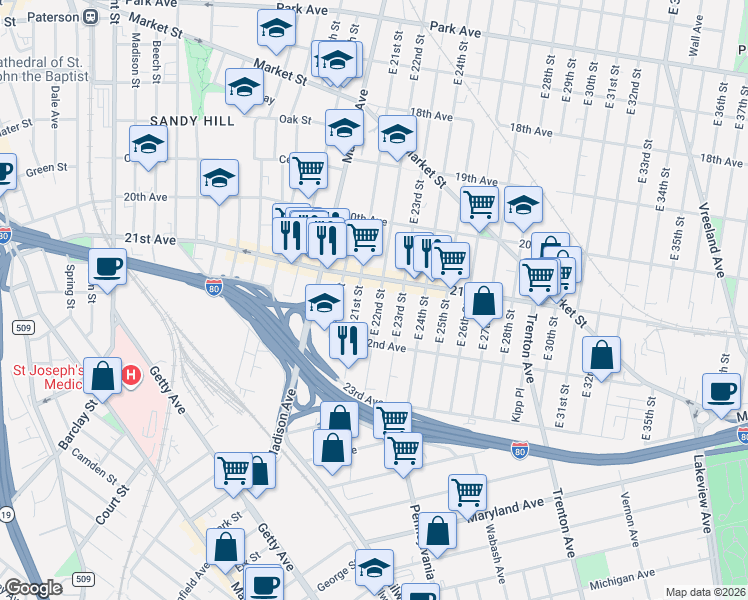 map of restaurants, bars, coffee shops, grocery stores, and more near 1046 East 22nd Street in Paterson