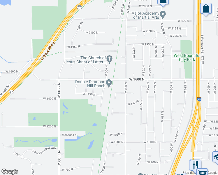 map of restaurants, bars, coffee shops, grocery stores, and more near 845 West 1600 North in West Bountiful