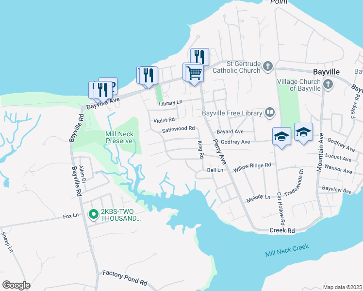 map of restaurants, bars, coffee shops, grocery stores, and more near 23 Hickory Road in Bayville