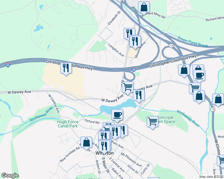map of restaurants, bars, coffee shops, grocery stores, and more near 23-25 High Street in Wharton