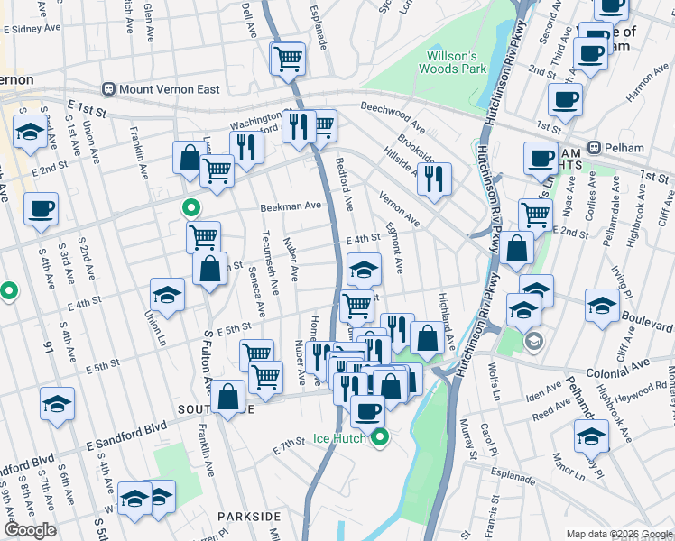 map of restaurants, bars, coffee shops, grocery stores, and more near 324 South Columbus Avenue in Mount Vernon