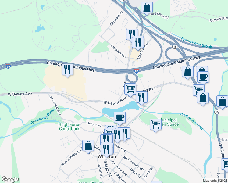map of restaurants, bars, coffee shops, grocery stores, and more near 23-25 High Street in Wharton