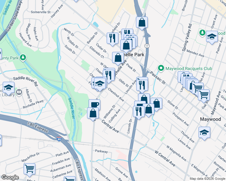 map of restaurants, bars, coffee shops, grocery stores, and more near 33 Chestnut Avenue in Rochelle Park