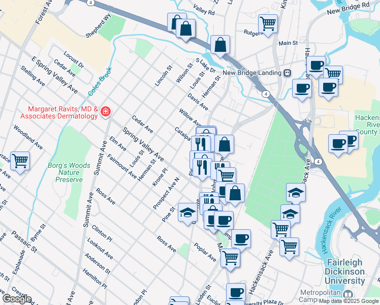 map of restaurants, bars, coffee shops, grocery stores, and more near 165 Pine Street in Hackensack