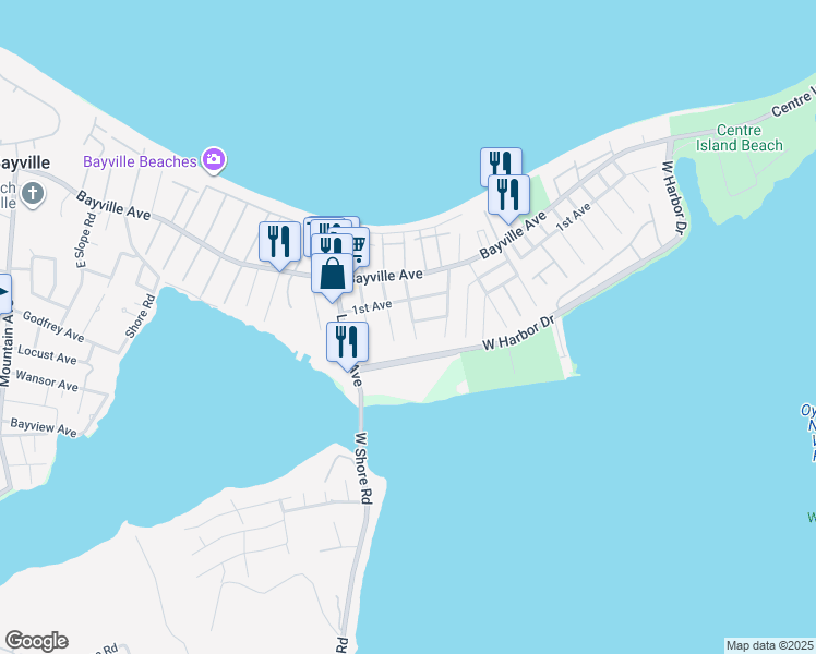 map of restaurants, bars, coffee shops, grocery stores, and more near 9 15th Street in Bayville