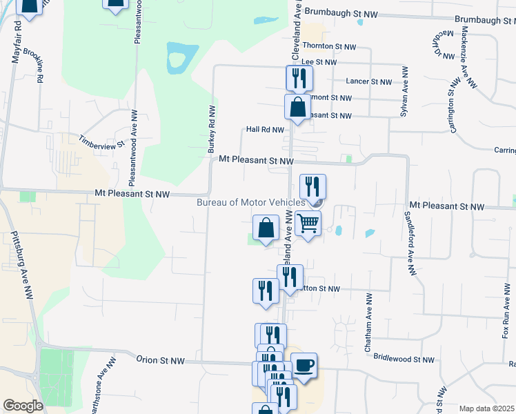 map of restaurants, bars, coffee shops, grocery stores, and more near 8356 Ladonna Circle Northwest in North Canton
