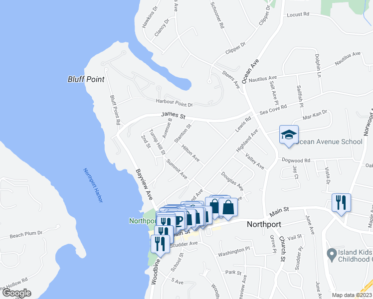 map of restaurants, bars, coffee shops, grocery stores, and more near 98 Garfield Street in Northport