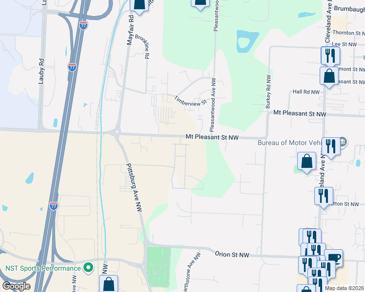 map of restaurants, bars, coffee shops, grocery stores, and more near 3890 Mount Pleasant Street Northwest in North Canton