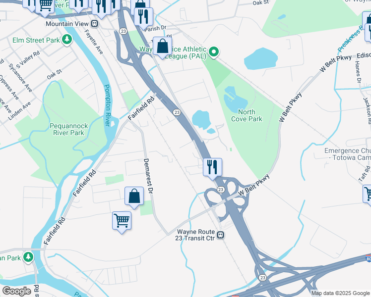 map of restaurants, bars, coffee shops, grocery stores, and more near 48 Burgess Place in Wayne