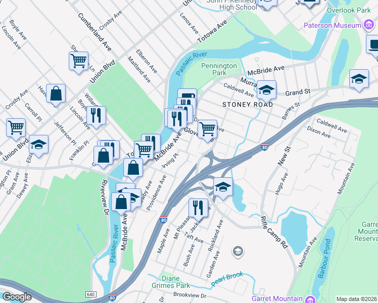 map of restaurants, bars, coffee shops, grocery stores, and more near 31 Wood Street in Woodland Park