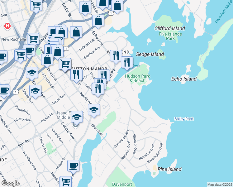 map of restaurants, bars, coffee shops, grocery stores, and more near 30 Davenport Avenue in New Rochelle