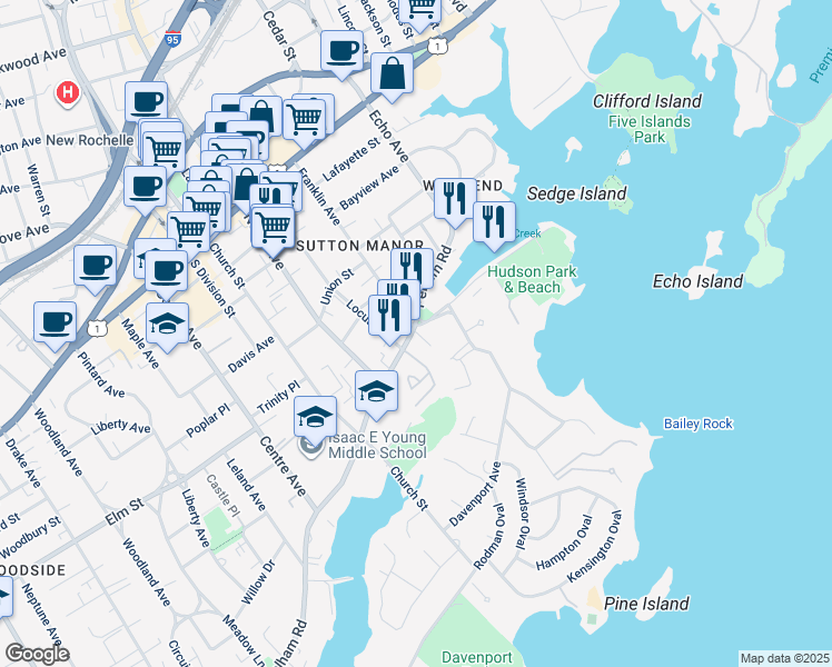 map of restaurants, bars, coffee shops, grocery stores, and more near 153 Franklin Avenue in New Rochelle