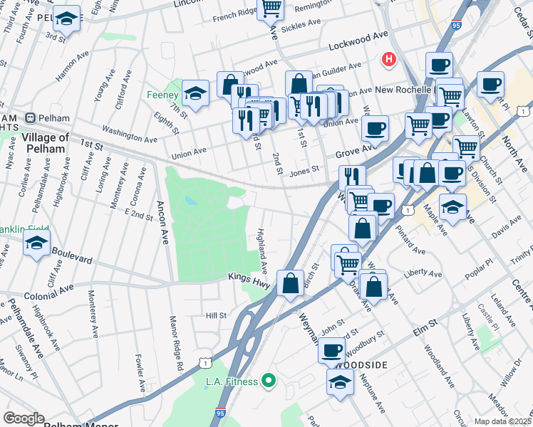 map of restaurants, bars, coffee shops, grocery stores, and more near 125 Beechwood Avenue in New Rochelle
