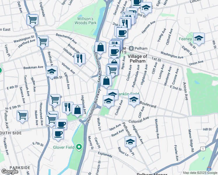 map of restaurants, bars, coffee shops, grocery stores, and more near 216 Carol Avenue in Village of Pelham