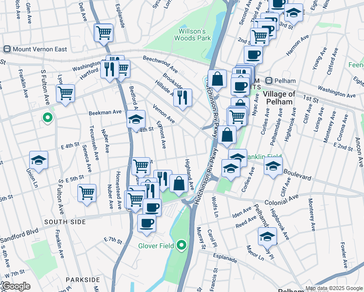 map of restaurants, bars, coffee shops, grocery stores, and more near 316 Highland Avenue in Mount Vernon