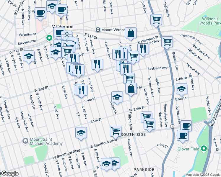 map of restaurants, bars, coffee shops, grocery stores, and more near 26 Madison Street in Mount Vernon