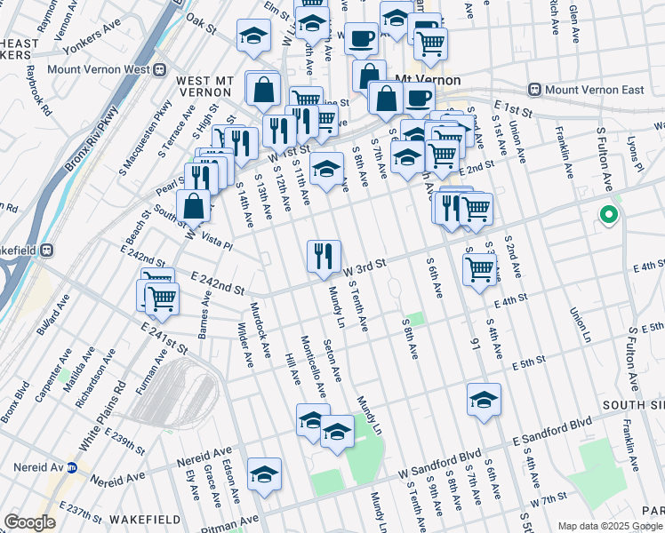 map of restaurants, bars, coffee shops, grocery stores, and more near 133 South 11th Avenue in Mount Vernon