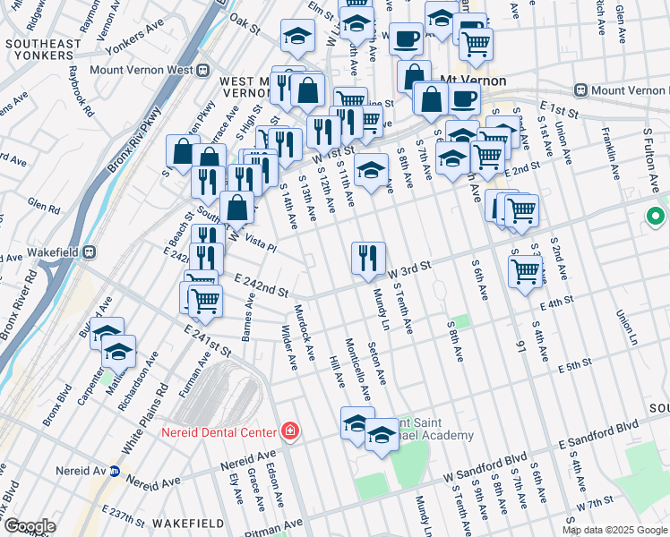 map of restaurants, bars, coffee shops, grocery stores, and more near 126 South 12th Avenue in Mount Vernon