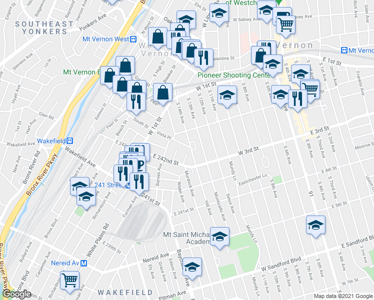 map of restaurants, bars, coffee shops, grocery stores, and more near 115 South 14th Avenue in Mount Vernon