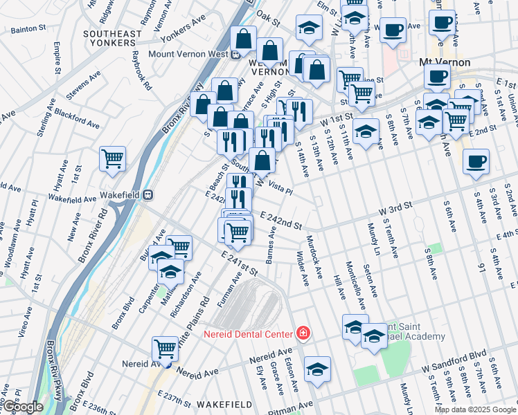 map of restaurants, bars, coffee shops, grocery stores, and more near 725 East 243rd Street in Bronx